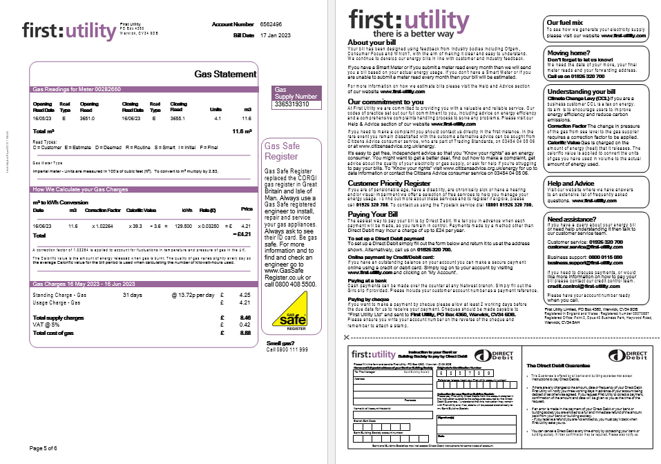 United Kingdom First gas and electricity utility bill in Word and PDF formats, 6 pages..